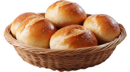 Freshly baked bread rolls in a basket isolated on transparent background