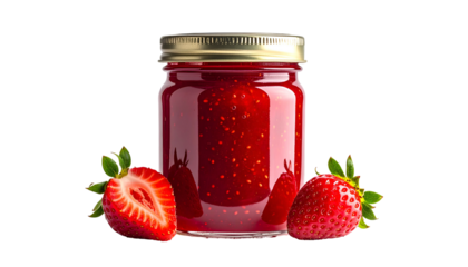 Jar of vibrant red strawberry jam with fresh strawberries beside it on a black background