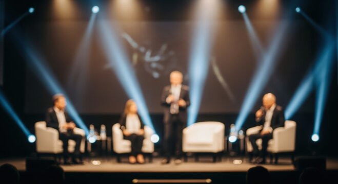 Conference Panel Blur &ndash; Out-of-focus view of speakers and moderator on stage during business event