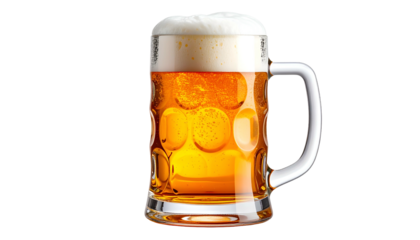 A full, tall glass mug of cold, golden beer with a thick, foamy head against a black backdrop