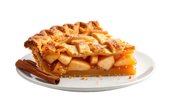 Triangular slice of apple pie with lattice crust, on a white plate with cinnamon stick