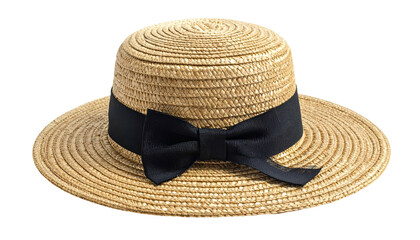 Woven sunhat with a wide brim, a black ribbon and bow tied around the crown