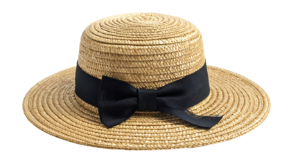 Woven sunhat with a wide brim, a black ribbon and bow tied around the crown