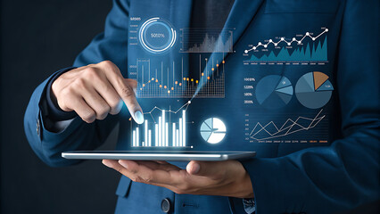 Businessman analyzing financial data with digital tablet and virtual interface