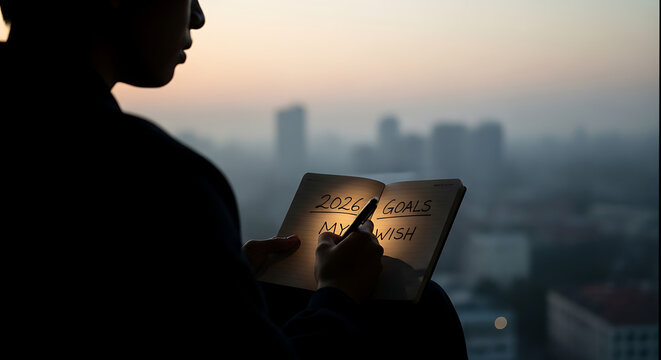 silhouette of a Silhouette of Person Writing 2026 Goals and My Wish in Notebook with City View at Sunset