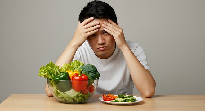 Stressed young man with a bowl of colorful vegetables, a modern take on healthy eating challenges and dietary decisions, perfect for wellness campaigns