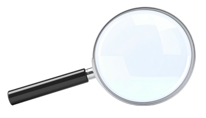 A close-up of a magnifying glass with a black handle on a transparent background
