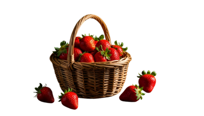 Wicker basket overflowing with ripe red strawberries against a black background