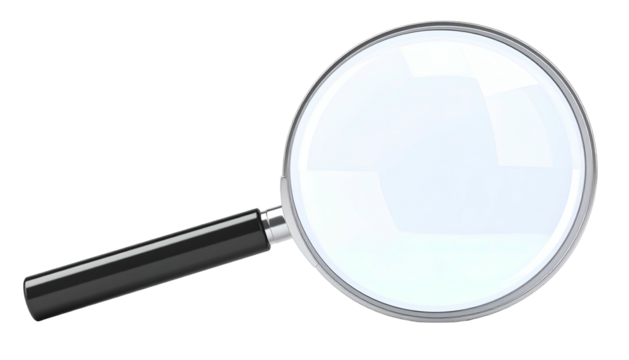 A close-up of a magnifying glass with a black handle on a transparent background