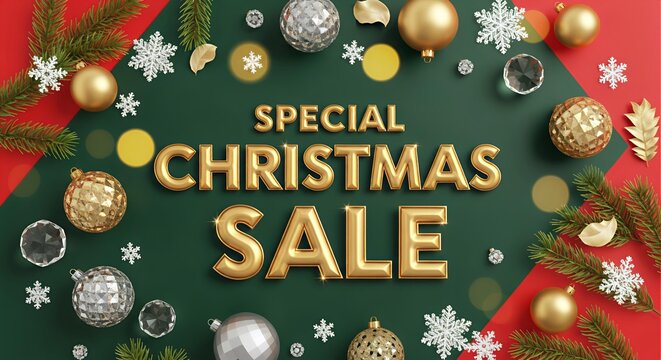 Elegant Christmas Sale Banner with Gold Text and Pine Decorations