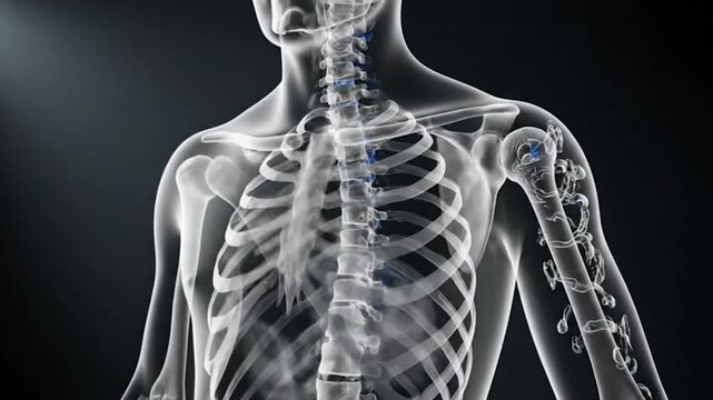 A digital rendering showcasing a transparent human skeletal structure, lit against a dark backdrop