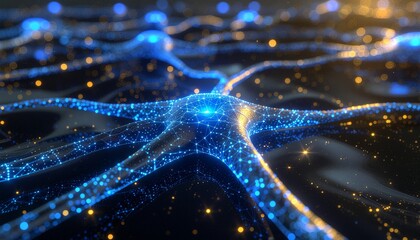 Abstract visualization of a neural network, intricate glowing blue and gold connecting nodes and pathways on a deep black background with low-key lighting