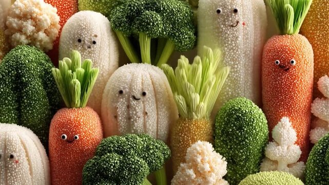 Animated vegetable characters colorful render of broccoli carrots and more
