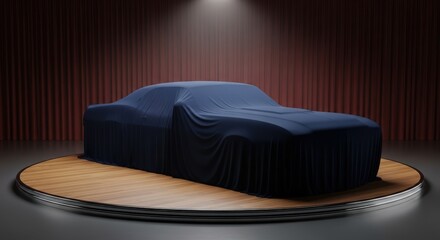 Luxury Automobile Unveiled Under Dark Blue Cover On Stage With Spotlight Dramatic Lighting Red Curtain Background