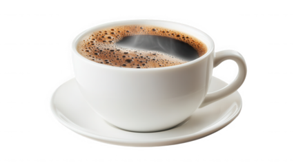 Cup of black coffee isolated on transparent background, ready to drink