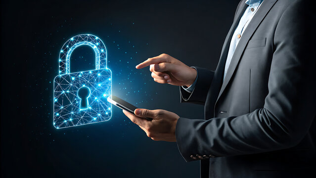 Businessman using smartphone with digital padlock for data protection