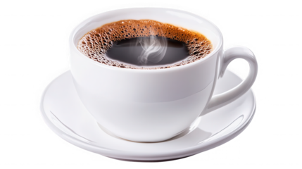 Hot cup of black coffee with steam isolated on transparent background, close up shot