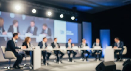 Fototapeta premium Business Forum Blur – Defocused scene of executives participating in a panel discussion on stage