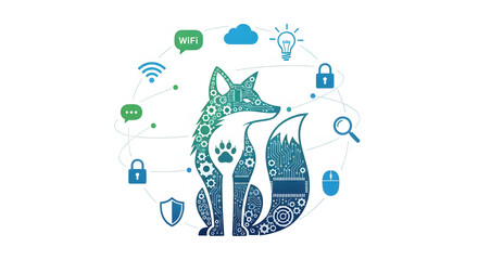 Conceptual illustration of a digital fox symbolizing smart internet connectivity, data protection, and technological innovation