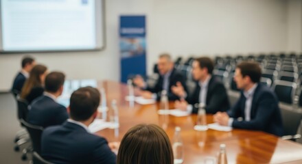 Seminar Discussion Blur – Blurred background showing panelists seated in a corporate conference hall