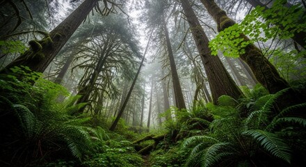 Fototapeta premium Misty Forest Canopy Lush Green Ferns and Towering Trees on a Foggy Day
