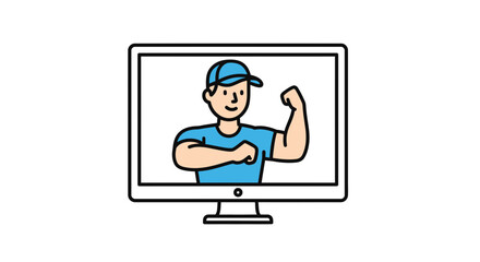 Empowering online fitness coach delivering virtual workout motivation from computer screen, showing strong biceps, promoting health and wellness guidance