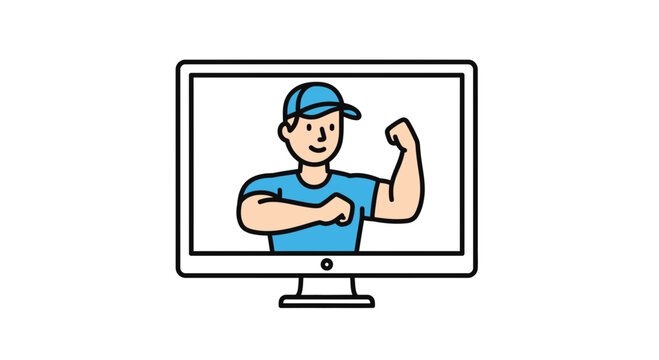 Empowering online fitness coach delivering virtual workout motivation from computer screen, showing strong biceps, promoting health and wellness guidance