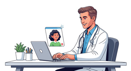 Smiling doctor connects with patient virtually on laptop, providing modern telehealth healthcare services from his office desk.