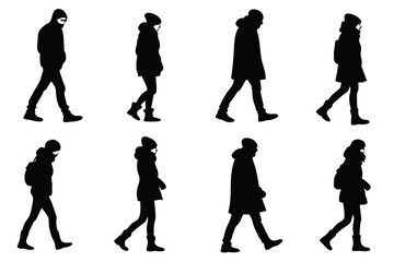 set of Winter couple walking silhouette vector isolated on white background