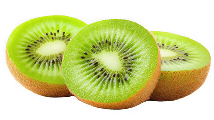 Three halves of a fresh kiwi fruit isolated on transparent background, close up