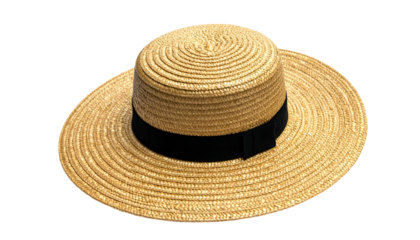 Wide-brimmed straw hat with a black band, isolated on black background