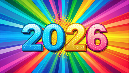 Colorful pop art 2026 new year design with rainbow rays and comic background
