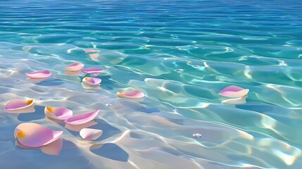 Soft Focus Pink Flower Petals Floating on Rippling Blue Water with Sunlight Reflections