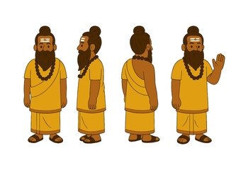 &ldquo;Cartoon Hindu Sage Character Turnaround &ndash; Front, Side, and Back Views