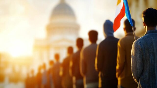 March of Ideals: A symbolic procession of individuals, united in purpose, moves towards a monumental building, their silhouettes defined against the warm glow of the setting sun.