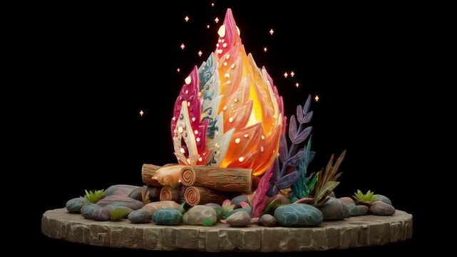 Artistic bonfire illustration with colorful flames and decorative elements