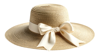 A wide-brimmed straw hat, beige ribbon tied in a bow, set against a black backdrop