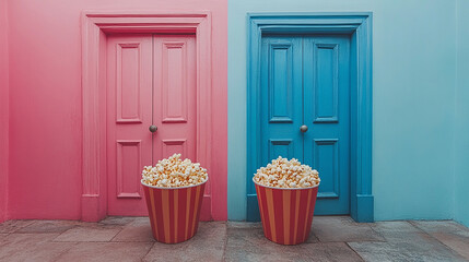 A vintage wooden trash can and a yellow trash can with flowers stand by an old house entrance decorated with a floral bouquet in a pot near the wooden door
