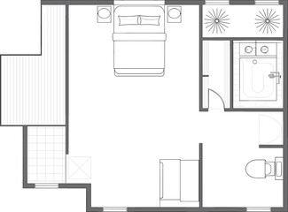 Modern bedroom floor plan, architectural interior layout, bathroom, toilet, minimalist design, black white vector, top view, technical drawing
