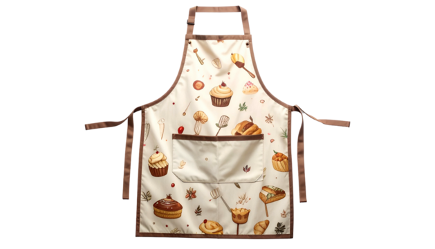Baking apron with food illustrations on light background, brown trim and pockets