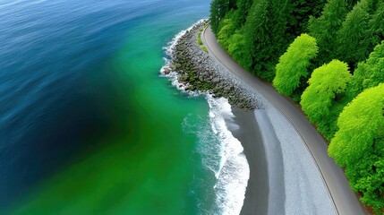 Scenic Winding Coastal Road Beside Lush Green Forest and Turquoise Ocean Water with White Waves Crashing on Pebble Beach