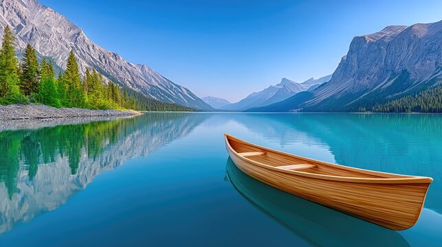 Tranquil Wooden Canoe Docked Beside a Still Turquoise Lake Reflecting Majestic Mountains and Lush Green Forest Under a Clear Blue Sky