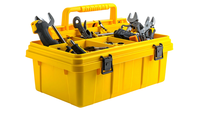 Bright yellow plastic toolbox filled with various metal hand tools on black