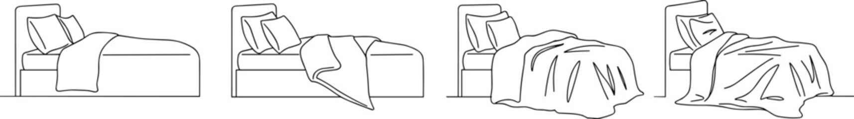 Modern bed sketch set, blanket fold stages, pillow layout illustration, interior design element, bedding arrangement, minimal furniture graphic, cozy sleep concept line art