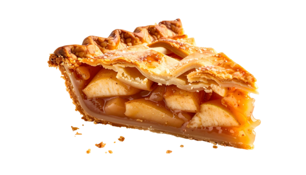A single slice of golden-brown apple pie with a lattice crust, on black background