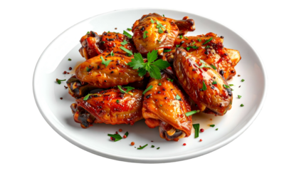 Plate of golden, seasoned chicken wings, garnished with herbs on a white plate