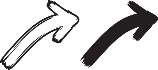 Artistic hand-drawn brushstroke arrows, one outline and one solid, pointing upward-right, symbolizing progress, ascent, and forward direction. isolated on white background, Vector, illustration