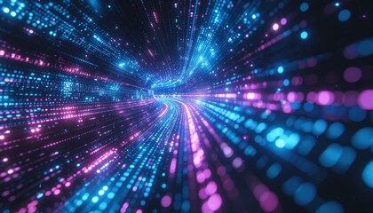 Dynamic flow of glowing cyber-nano information and streams of binary code in vibrant blue and magenta. Wide-angle perspective suggesting speed, volumetric light (god rays), abstract digital wallpaper