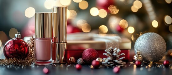 Christmas makeup gifts on dark table
