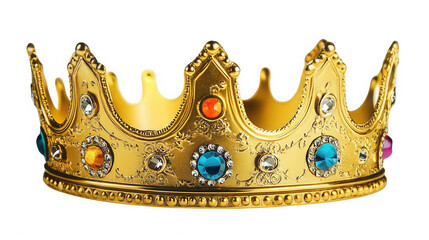 Golden crown with colorful gems isolated on transparent background for success concept